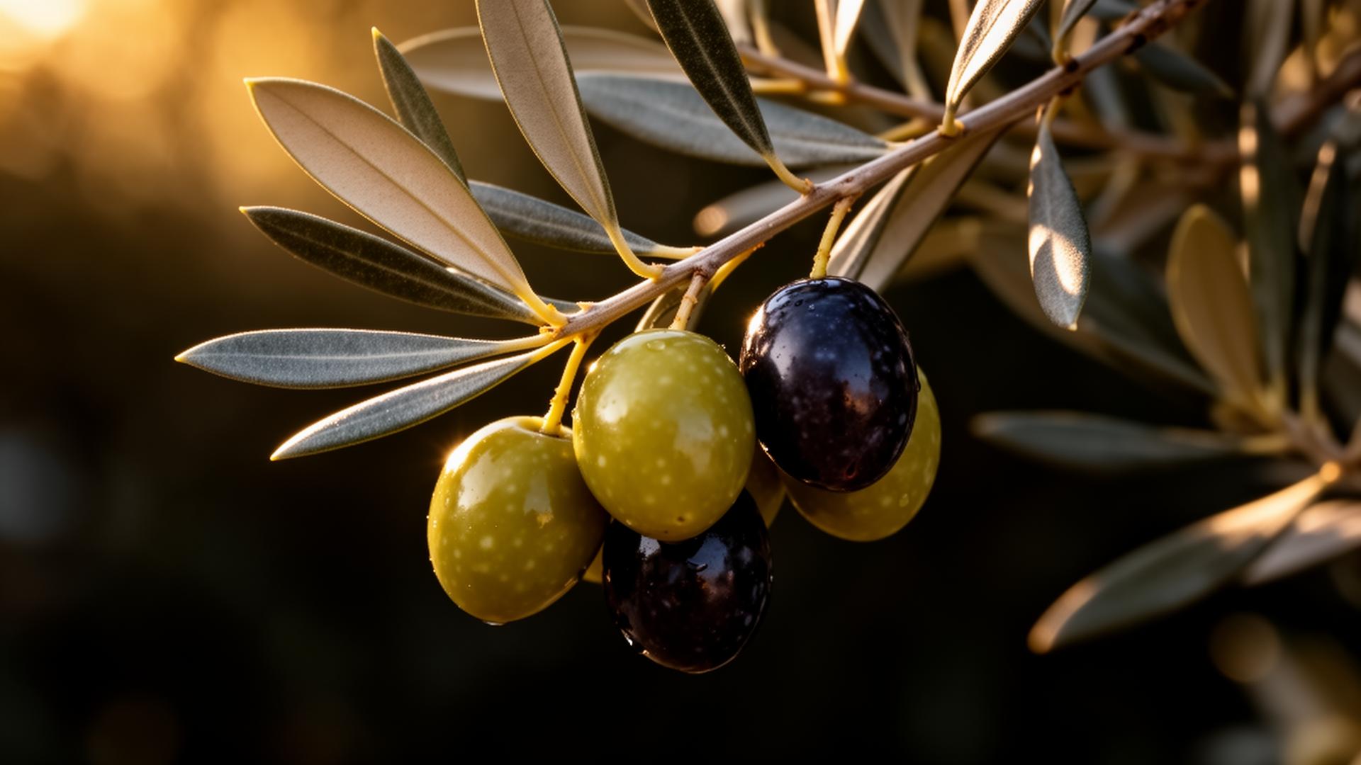 Frische Oliven am Zweig im goldenen Licht