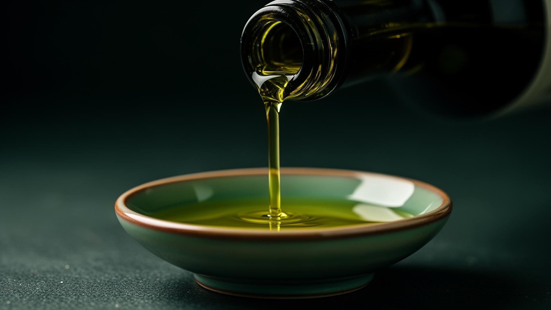 Goldenes Olivenöl wird in eine Keramikschale gegossen